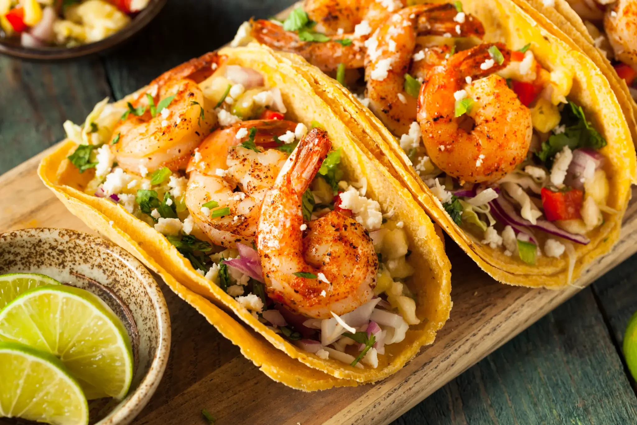 Shrimp Tacos - Spicy shrimp tacos with fresh toppings